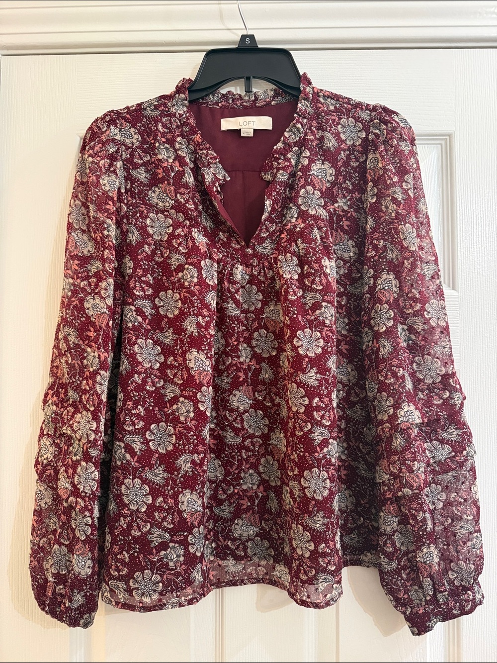 LOFT Burgundy Floral Ruffle V-Neck Blouse